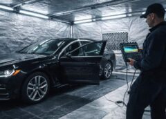 Tecnico TSCM esegue bonifica elettronica su auto all'interno di una tenda schermante di Faraday con pannelli di ventilazione a nido d'ape e analizzatore di spettro.