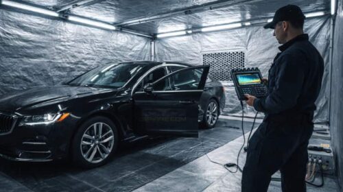 Tecnico TSCM esegue bonifica elettronica su auto all'interno di una tenda schermante di Faraday con pannelli di ventilazione a nido d'ape e analizzatore di spettro.