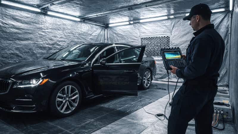 Tecnico TSCM esegue bonifica elettronica su auto all'interno di una tenda schermante di Faraday con pannelli di ventilazione a nido d'ape e analizzatore di spettro.