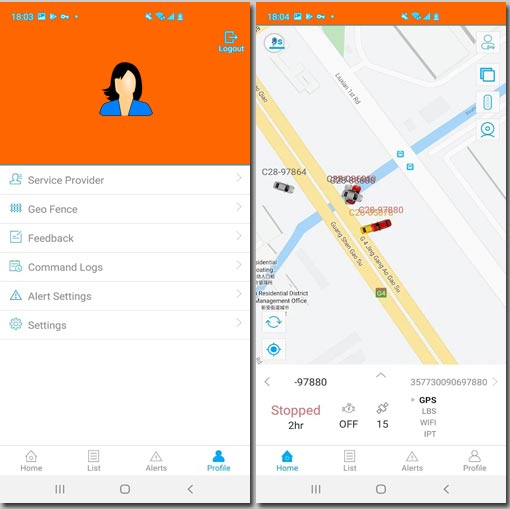 schermate dell'App fornita in dotazione con il localizzatore gps per auto