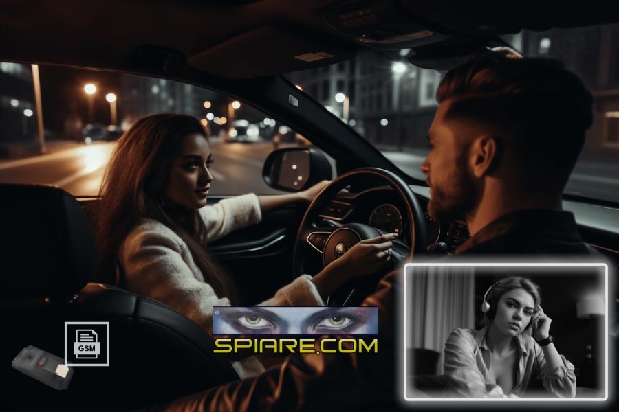 Un uomo e una donna parlano in auto dove è installata una microspia GSM ascoltata a distanza da una giovane donna