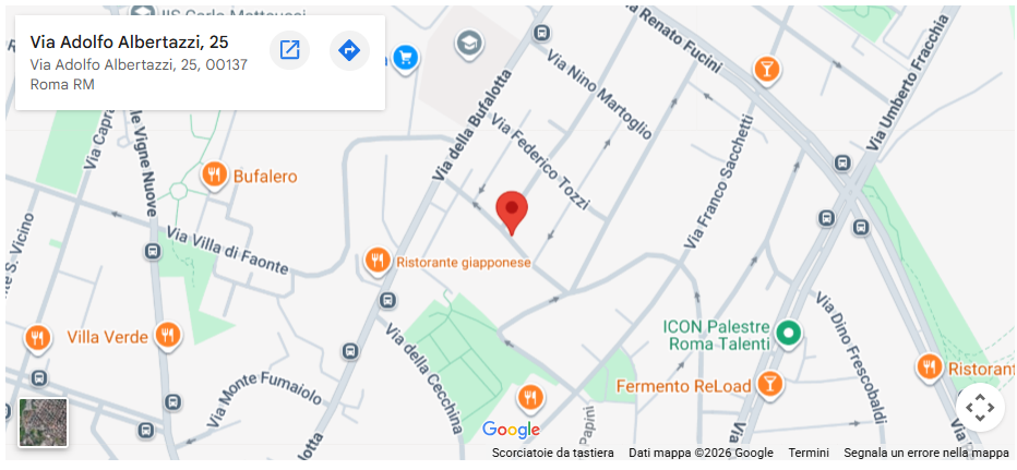 Mappa con la posizione dello showroom Polinet S.r.l. in Via Adolfo Albertazzi 25 a Roma, quartiere Talenti