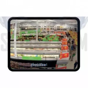 Specchio parabolico rettangolare sicurezza installato in supermercato - Visione grandangolare corridoi e scaffali per sorveglianza anti-taccheggio.