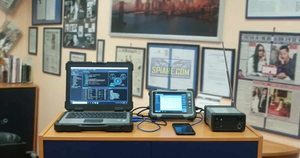 Postazione di laboratorio con pc diagnostico, analizzatore RF e tablet collegati a uno smartphone per la bonifica cellulare da software spia presso Polinet S.r.l. a Roma