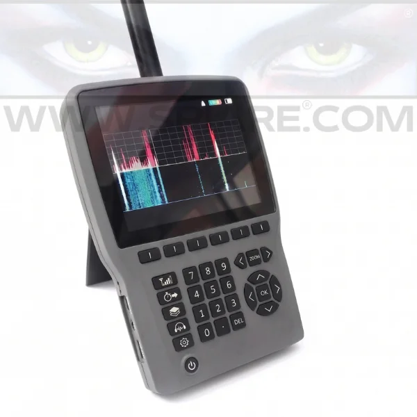 Analizzatore spettro audio rilevatore microspie professionale - Display che mostra spettrogramma a cascata colorato per rilevamento microspie 1MHz-13.44GHz.