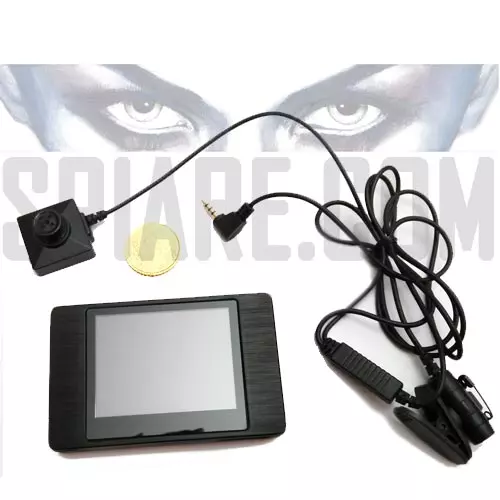 Kit composto da microcamera a bottone con monitor tascabile mini DVR, moneta da 1 euro per confronto dimensioni e microfono a clip