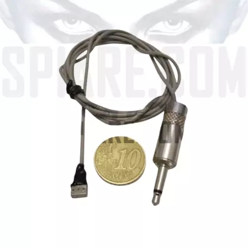 Mini microfono spia antirumore per registratori con cavo e connettore jack 3,5mm - Confronto dimensioni con moneta per scala reale.