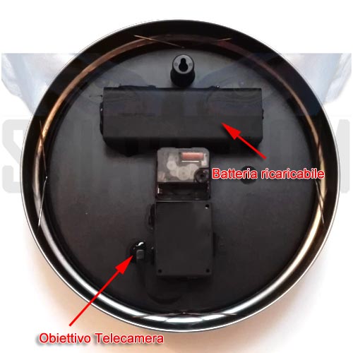 Retro dell'orologio spia da parete wifi con indicazione della batteria ricaricabile e dell'obiettivo della telecamera nascosta
