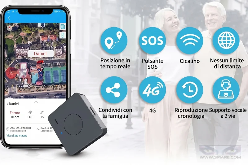 Panoramica delle funzionalità dell'app e del mini localizzatore GPS portatile 4G con SOS e comunicazione a 2 vie