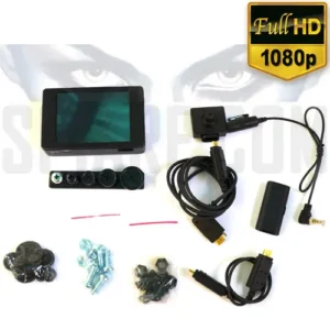 Kit completo di registratore video Full HD 1080p composto da mini DVR con schermo, microtelecamera cablata, cavetti e accessori di camuffamento a bottone