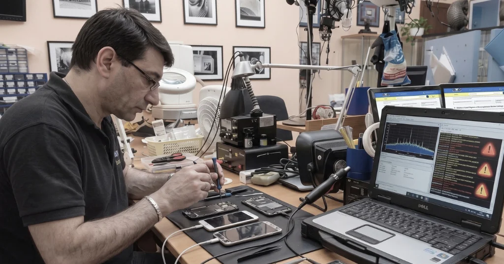 Tecnico Polinet durante la bonifica cellulare da software spia di uno smartphone Android e iOS nel laboratorio di Roma, con pc diagnostico e strumentazione di scansione