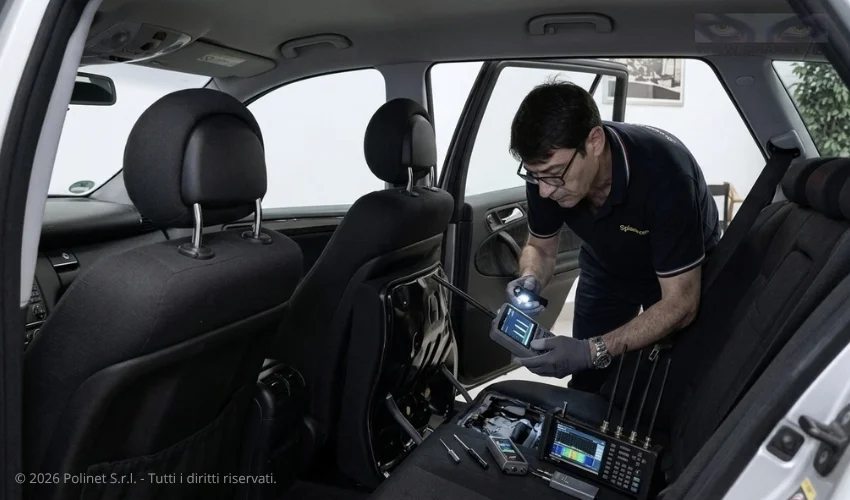 Controllo dei sedili posteriori e dei cablaggi dell'auto con rilevatore di microspie e analizzatore di spettro