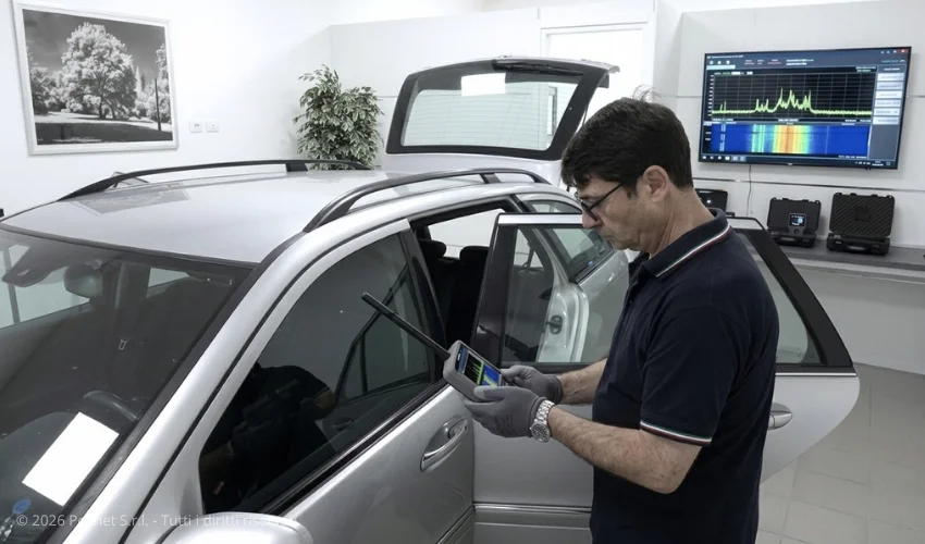 Francesco Polimeni esegue la scansione a radiofrequenze su un'auto nella sede Polinet di Roma