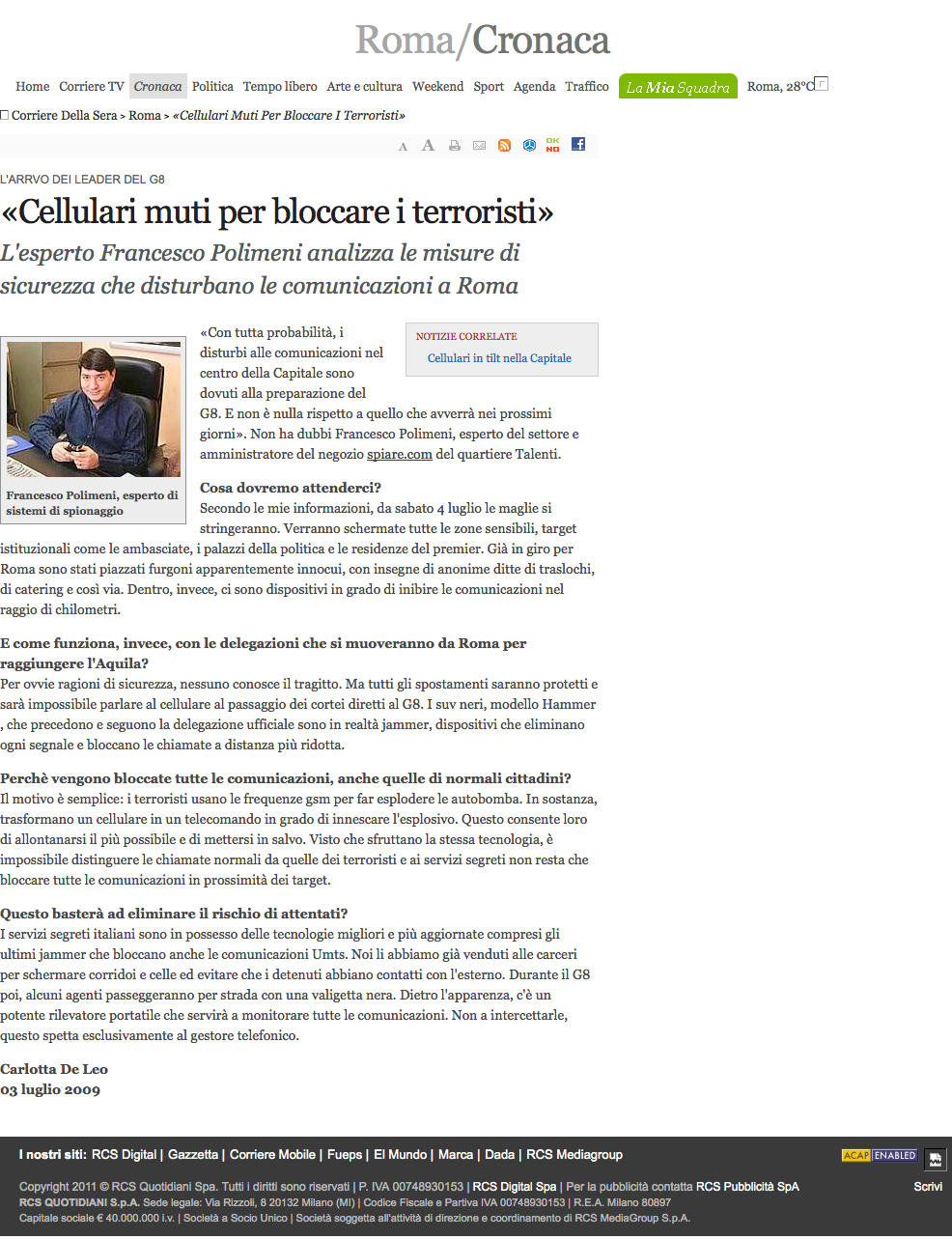 Articolo Corriere della Sera cellulari muti, luglio 2009