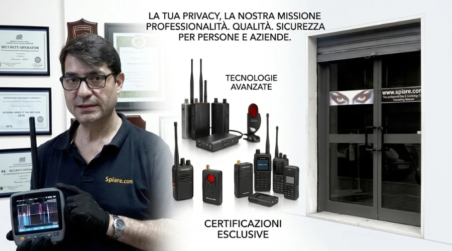 Francesco Polimeni nel laboratorio e negozio di Polinet Srl Spiare con dispositivi di bonifica ambientale e tecnologie avanzate di sicurezza