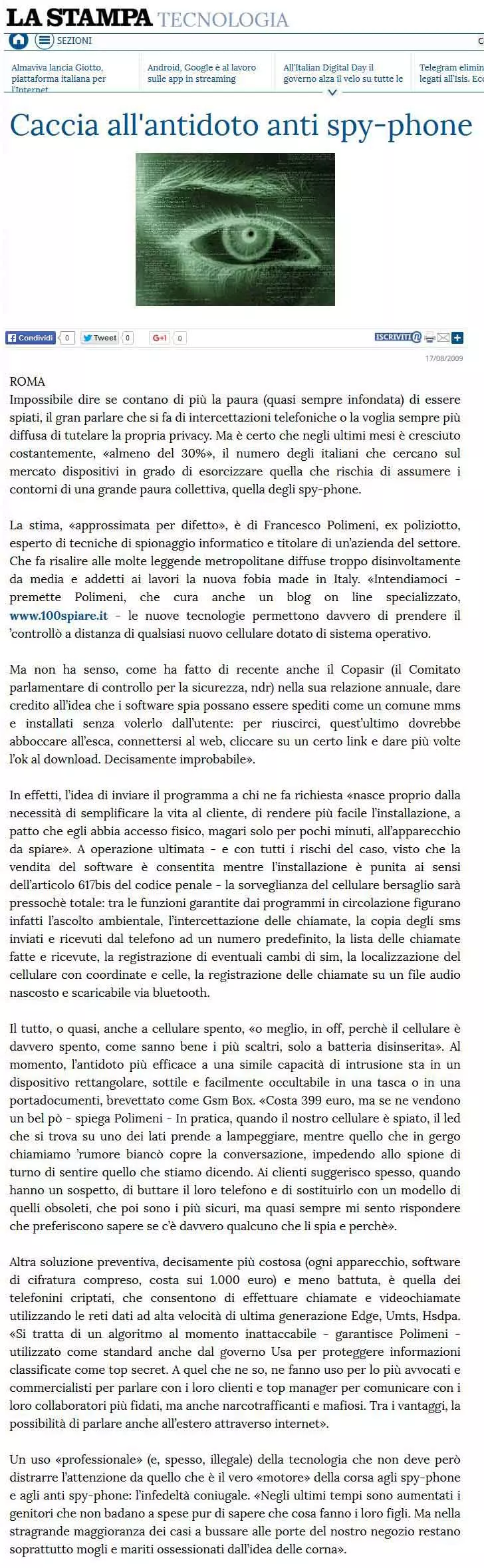 Articolo La Stampa su spy-phone, agosto 2009
