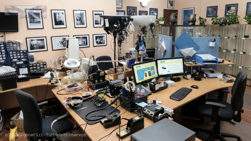 Panoramica del laboratorio tecnico di Polinet S.r.l. a Roma. Il banco da lavoro è attrezzato con stazioni di saldatura, lampade di ingrandimento, alimentatori, strumenti di misura e cassettiere per componenti elettronici, utilizzato per l'assemblaggio, la modifica e il collaudo di dispositivi di sorveglianza e apparecchiature per bonifiche ambientali (TSCM).
