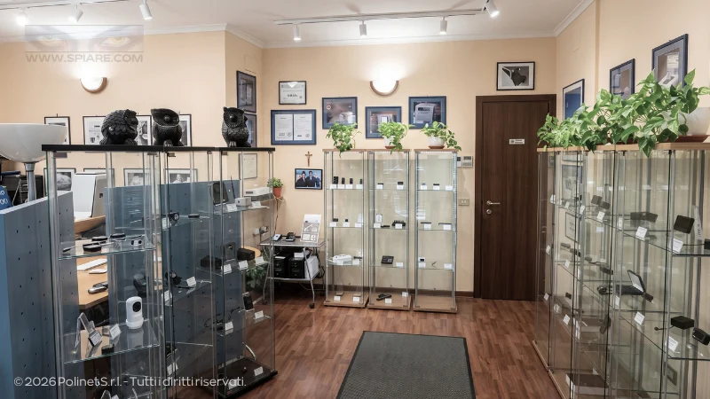 Vetrine dello showroom del negozio di microspie a Roma con dispositivi professionali per la sicurezza e il controspionaggio esposti.