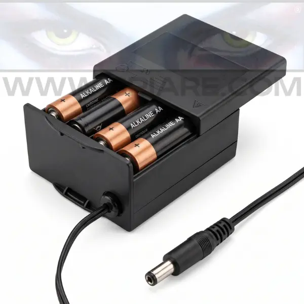 Pacco batterie 12V per 8 pile stilo AA con coperchio scorrevole, cavo integrato e connettore jack 5,5 mm per alimentazione dispositivi