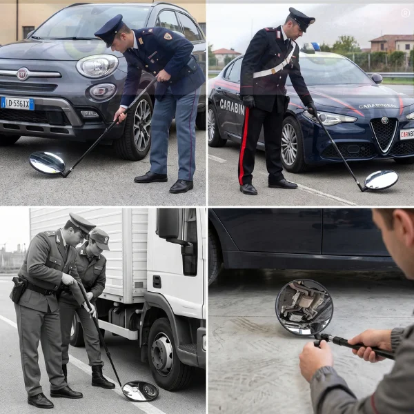 Operatori in uniforme usano lo specchio ispezione sottoscocca leggero per controlli sotto auto, vetture di servizio e mezzi pesanti a checkpoint istituzionali Didascalia (opzionale): Esempi di impiego istituzionale: controlli sottoscocca su auto, vetture di servizio e camion