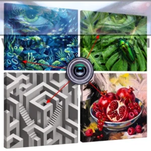 Telecamera nascosta in quadro personalizzato: quattro motivi esempio con frecce rosse che mostrano dove si nasconde l'obiettivo invisibile da 2 mm