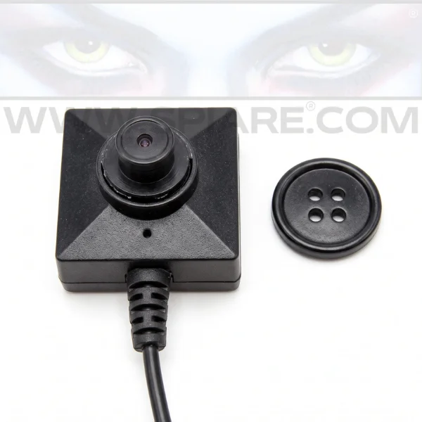 Modulo microcamera spia bottone WiFi con ottica sporgente affiancato alla copertura mimetica nera a quattro fori che occulta l'obiettivo