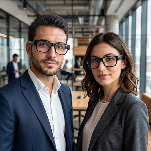 Due professionisti indossano gli occhiali con telecamera spia in un ufficio: scena d'uso che mostra l'aspetto identico a occhiali da vista comuni in contesto lavorativo