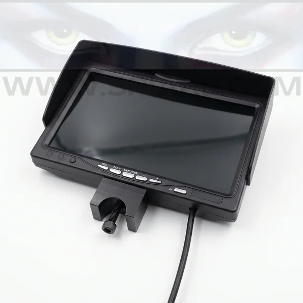 Monitor LCD 7" del sistema ispezione sottoscocca portatile con parasole anti-riflesso, pulsanti REC PLAY MENU e staffa di fissaggio all'asta con morsetto a vite
