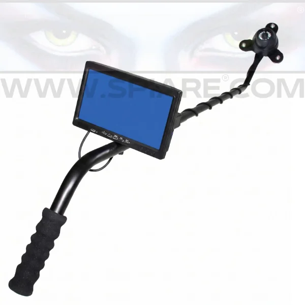 Sistema ispezione sottoscocca portatile: corona di LED IR attorno all'obiettivo della telecamera carrellata su ruote pivottanti e monitor LCD acceso con comandi
