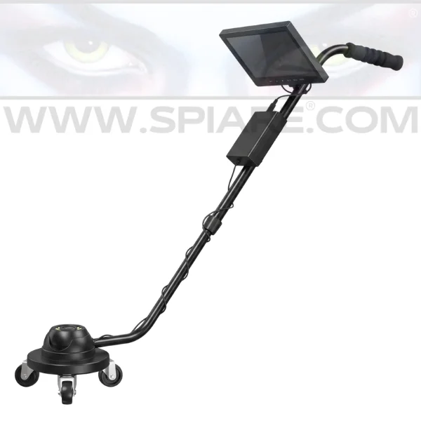 Sistema ispezione sottoscocca portatile completo con manubrio ergonomico, monitor LCD orientabile e testa telecamera carrellata su ruote pivottanti